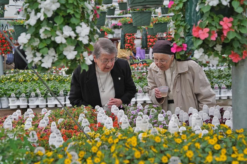 Sister Marie William Lapointe, left, and Sister Marina Mejia look over flowers during the grand reopening celebration at Araujo Farms in Dighton on Friday April 28, 2023.