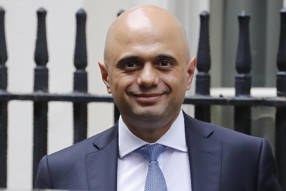 Britain's Chancellor of the Exchequer Sajid Javid leaves number 11 Downing Street in central London on August 2, 2019. (Photo by Tolga AKMEN / AFP)        (Photo credit should read TOLGA AKMEN/AFP/Getty Images)