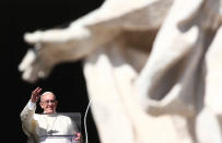 <p>Pope Francis waves during his Angelus prayer on All Saints’ Day in Saint Peter’s Square at the Vatican, Nov. 1, 2017. (Photo: Alessandro Bianchi/Reuters) </p>