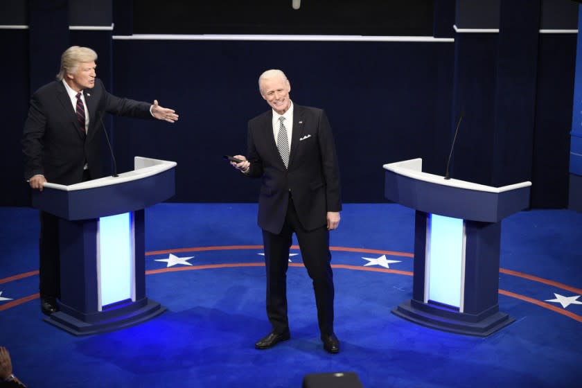 SATURDAY NIGHT LIVE -- "Chris Rock" Episode 1786 -- Pictured: (l-r) Alec Baldwin as Donald Trump and Jim Carrey as Joe Biden during the "First Debate" Cold Open on Saturday, October 3, 2020. Credit: Will Heath/NBC