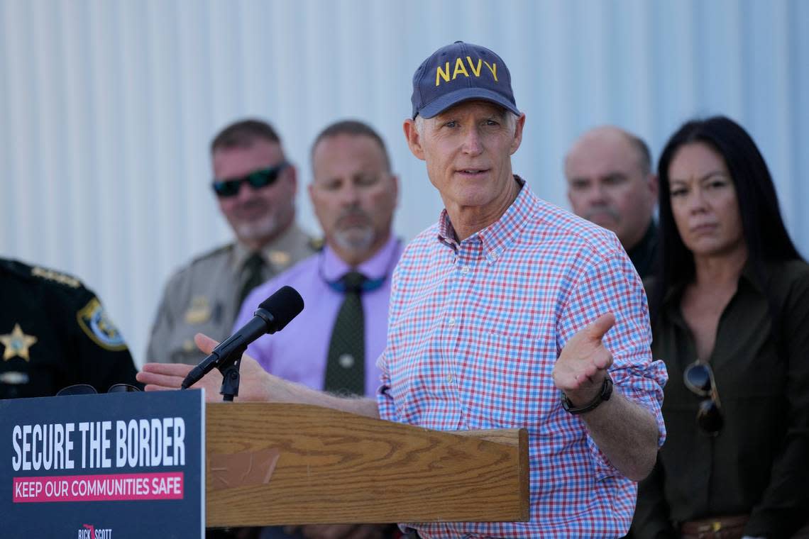 Senator Rick Scott, R-Fla, speaks during a press conference on immigration and border security, Thursday, Jan. 19, 2023, in Marathon, Fla. Increasing numbers of Cuban and Haitian migrants have attempted the risky Florida Straits crossing in recent months to illegally enter the Keys Island chain and other parts of the state as inflation soars and economic conditions deteriorate in their home countries. (AP Photo/Rebecca Blackwell)