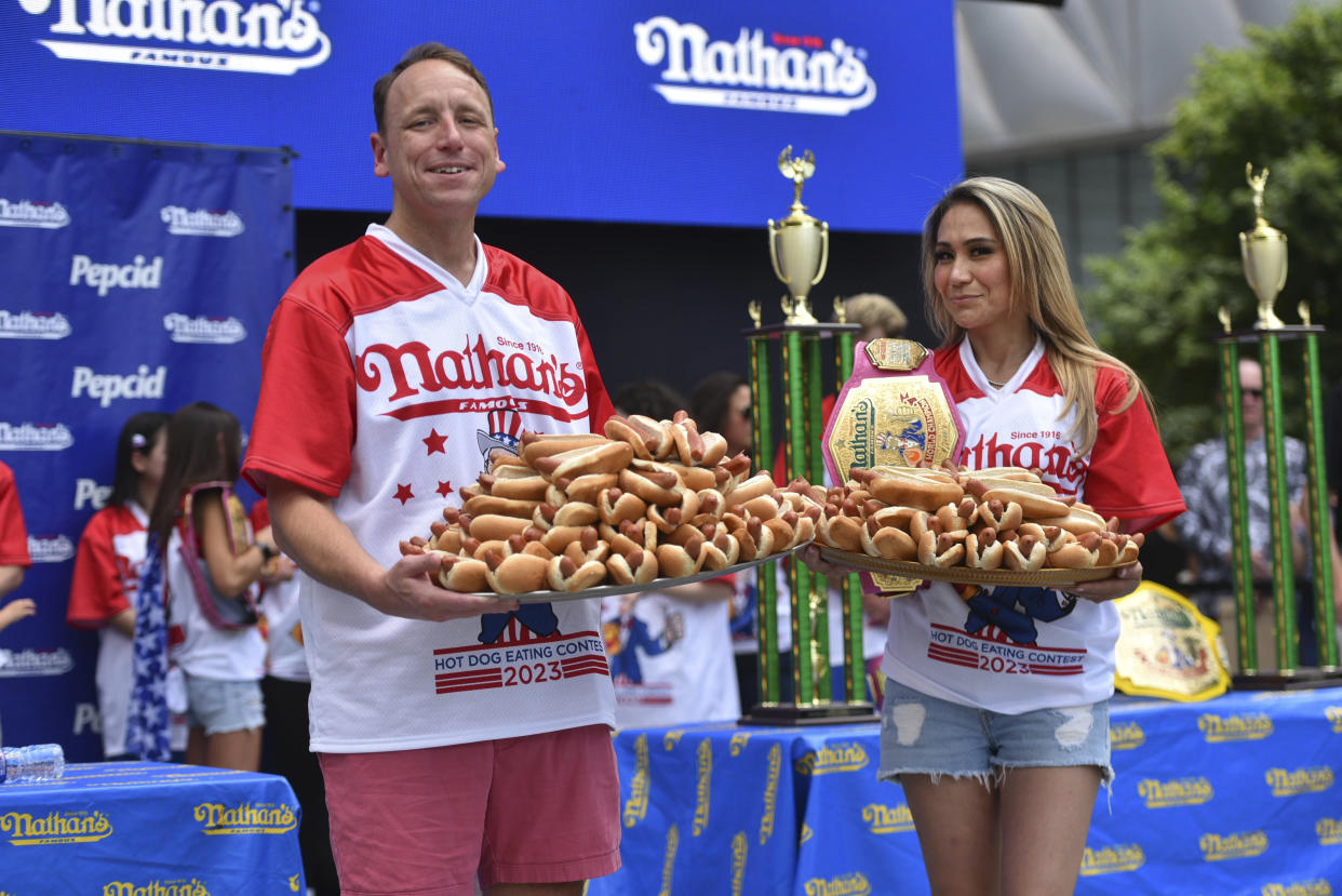 Photo by: NDZ/STAR MAX/IPx 2023 7/3/23 Competitive eaters Joey Chestnut and Miki Sudo attend the Nathan&#39;s Famous Hot Dog Eating Contest weight-in ceremony at Hudson Yards on July 3, 2023 in New York City.