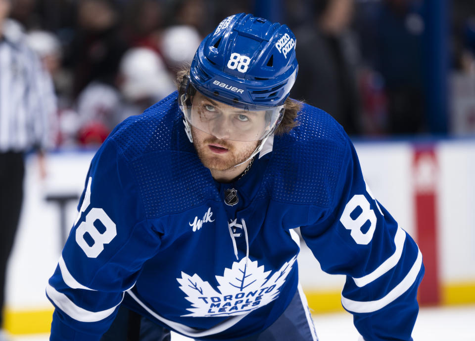 TORONTO, ON - MARCH 26: William Nylander #88 of the Toronto Maple Leafs looks on against the New Jersey Devils during the first period at Scotiabank Arena on March 26, 2024 in Toronto, Ontario, Canada. (Photo by Mark Blinch/NHLI via Getty Images)