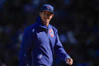 Chicago Cubs manager Craig Counsell returns to the dugout after making a pitching change during the seventh inning of a baseball game against the Los Angeles Dodgers, Friday, April 5, 2024, in Chicago. (AP Photo/Erin Hooley)