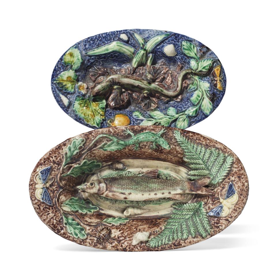 Lot 345: Two French Palissy style Trompe L'Oeil oval dishes, late 19th century. Estimate: $1,000 - 1,500.