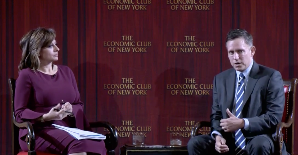 Billionaire investor Peter Thiel discusses the future of cryptocurrencies and blockchain technology at the Economic Club of New York.