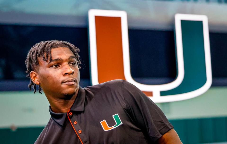 Miami Hurricanes quarterback Cam Ward (1) speaks to reporters at the University of Miami’s Carol Soffer Indoor Practice Facility on Tuesday, July 30, 2024.