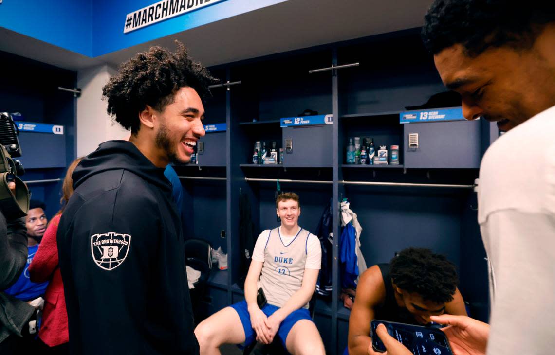 Duke’s Jared McCain, left, laughs with TJ Power, Sean Stewart and Caleb Foster during an availability in the Duke locker room at the Barclays Center in Brooklyn, N.Y., Saturday, March 23, 2024. Duke will face James Madison in the second round of the NCAA Tournament on Sunday. Ethan Hyman/ehyman@newsobserver.com