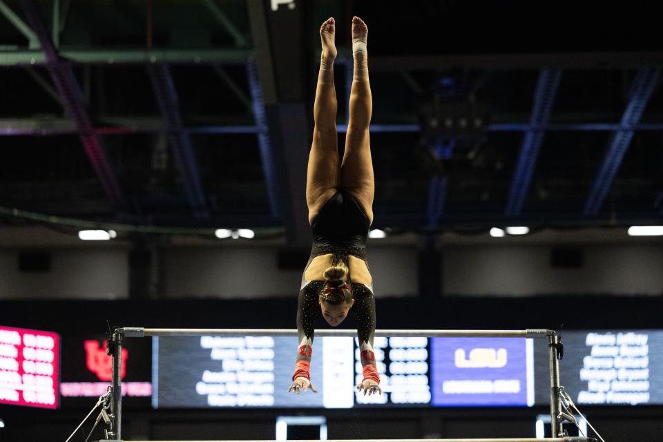 Utah Utes Makenna Smith competes on the bars during the Sprouts Farmers Market Collegiate Quads at Maverik Center in West Valley on Saturday, Jan. 13, 2024. #1 Oklahoma, #2 Utah, #5 LSU, and #12 UCLA competed in the meet. | Megan Nielsen, Deseret News