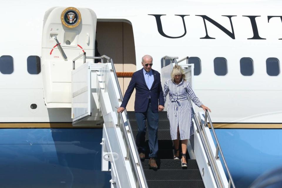 President Joe Biden and First Lady Jill Biden arrive to the Blue Grass Airport in Lexington, Ky., ahead of their trip to Eastern Kentucky to view damage from catastrophic flooding.