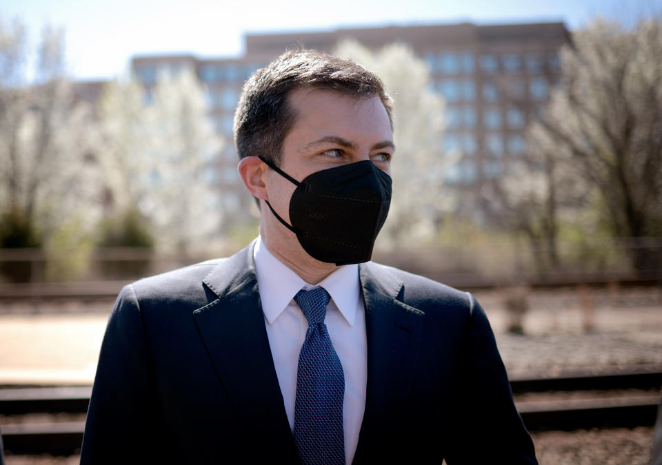 ALEXANDRIA, VIRGINIA - MARCH 30: U.S. Secretary of Transportation Pete Buttigieg attends an event titled “Transforming Rail in Virginia” at the Amtrak-VRE station in March 30, 2021 in Alexandria, Virginia. The Transforming Rail in Virginia program will cost about $3.7 billion and will double Amtrak service and double Virginia Railway Express (VRE) service along the I-95 corridor, as well as work toward the separation of freight and passenger lines. (Photo by Win McNamee/Getty Images)