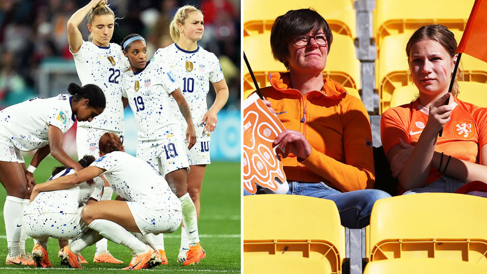 Dutch fans watching their quarter-final clash with Spain, alongside US players at the Women's World Cup.