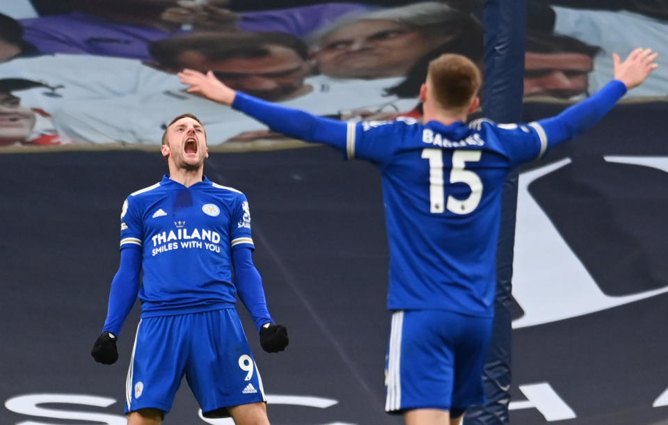 Leicester City's Jamie Vardy (left) and Harvey Barnes celebrate after Tottenham Hotspur's Toby Alderweireld scored an own goal.