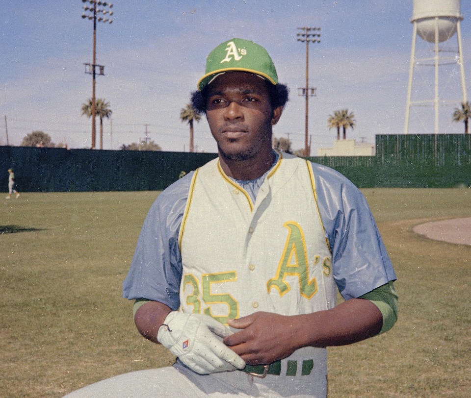 FILE - This 1976 file photo shows Oakland A's Vida Blue, the hard-throwing left-hander who became one of baseball's biggest draws in the early 1970's and helped lead brash Oakland Athletics to three straight World Series titles. Blue has died. He was 73. The A's said Blue died Saturday, May 6, 2023 but did not give a cause of death. (AP Photo)