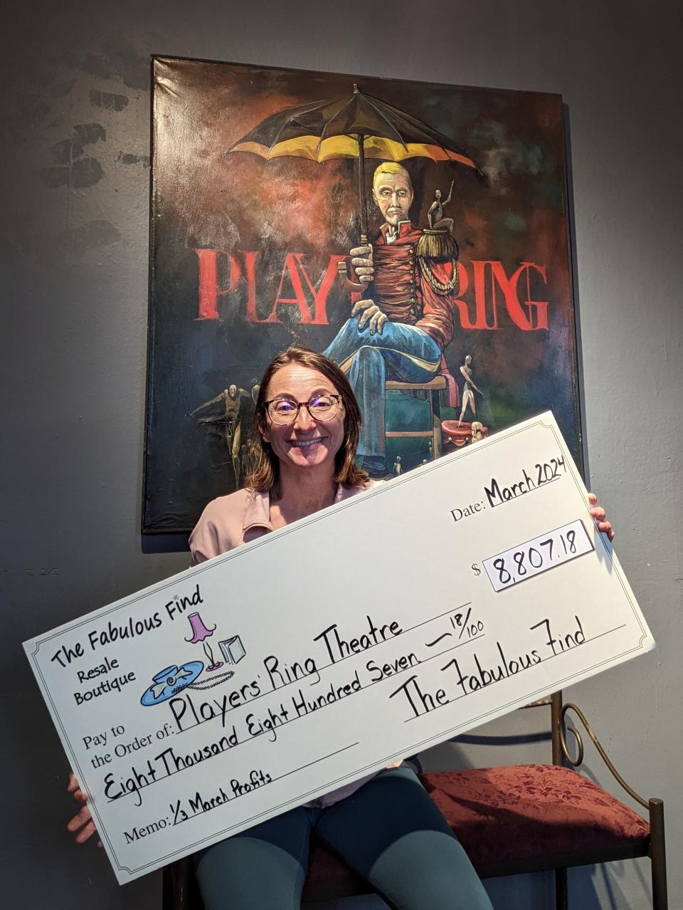 Margherita Giacobbi, the Players’ Ring Producing Director, holds a ‘check’ from the March proceeds of The Fabulous Find in Kittery, Maine. The Players’ Ring Theatre was one of three local non-profits that benefited from The Fabulous Find’s March profits.