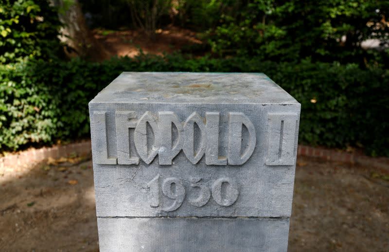 Plinth of a statue of former Belgian King Leopold II is pictured in Brussels
