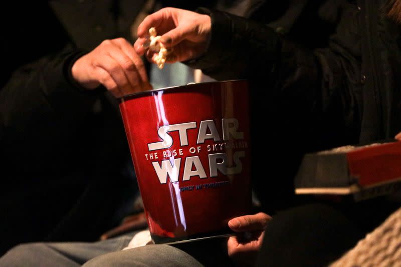 A Star Wars popcorn box is seen during the "Star Wars: The Rise of Skywalker" movie opening night fan event in New York City