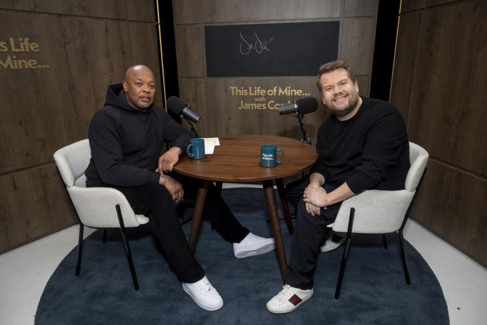 Dr. Dre and James Corden appear on SiriusXM’s ‘This Life of Mine with James Corden’ at SiriusXM Studios on February 06, 2024 in Los Angeles, California.