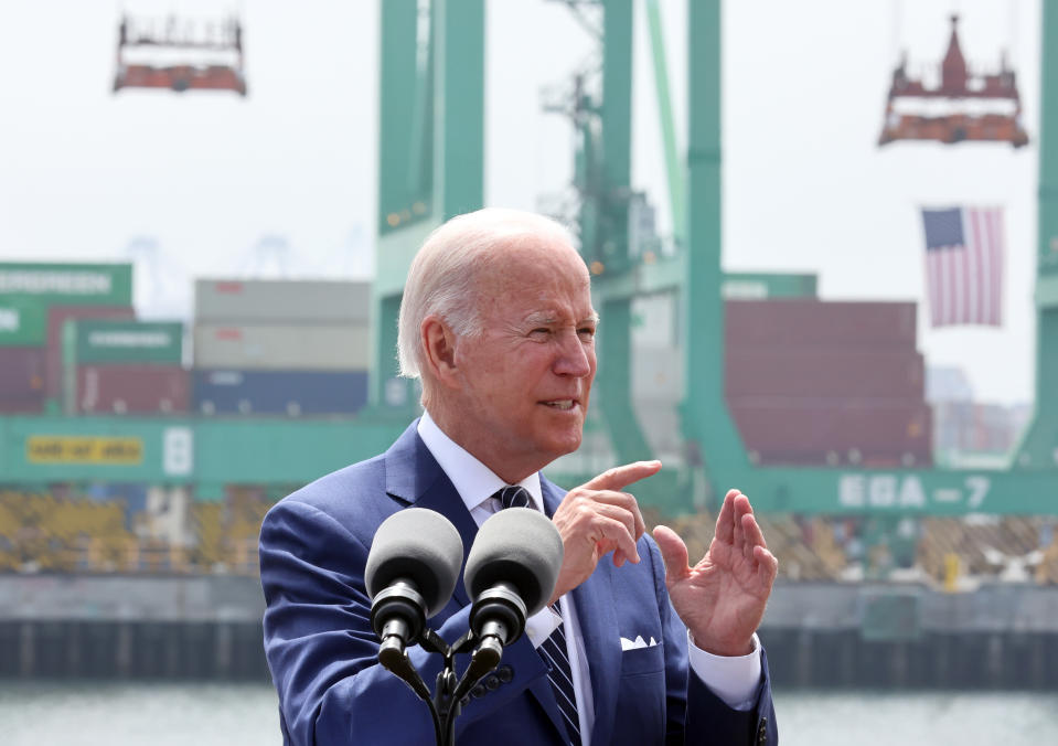 President Biden delivers remarks aboard the Battleship USS Iowa Museum at the Port of Los Angeles on June 10, 2022 in California. (Photo by Mario Tama/Getty Images)