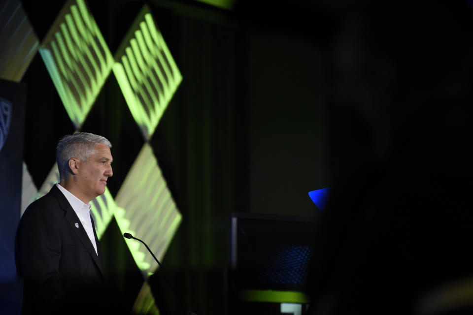 July 27, 2021; Hollywood, California; Pac-12 commissioner George Kliavkoff speaks to the media during the Pac-12 football Media Day at the W Hollywood. Kelvin Kuo-USA TODAY Sports