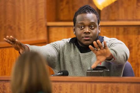 Witness Kwami Nicholas testifies during the murder trial of former New England Patriots player Aaron Hernandez at the Bristol County Superior Court in Fall River, Massachusetts, March 17, 2015. REUTERS/Aram Boghosian/Pool