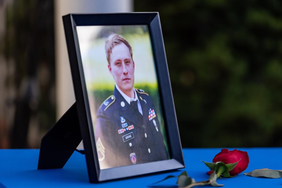 A photo of Staff Sergeant Tanner Grone at the American Legion Post 35 Global War on Terrorism rededication ceremony on Wednesday, September 11, 2024.