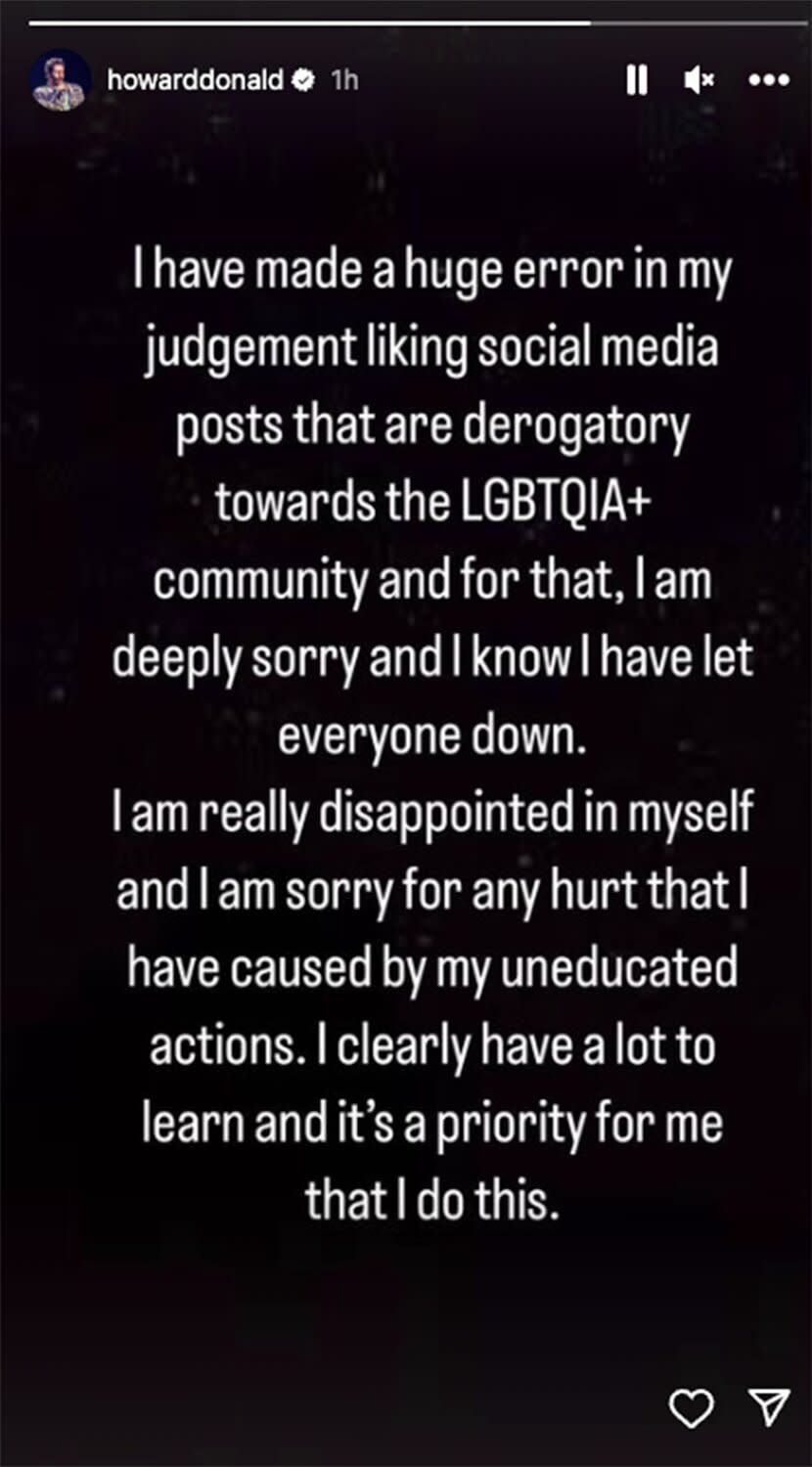 Screenshot of his apology on Howard Donald's Instagram Story.