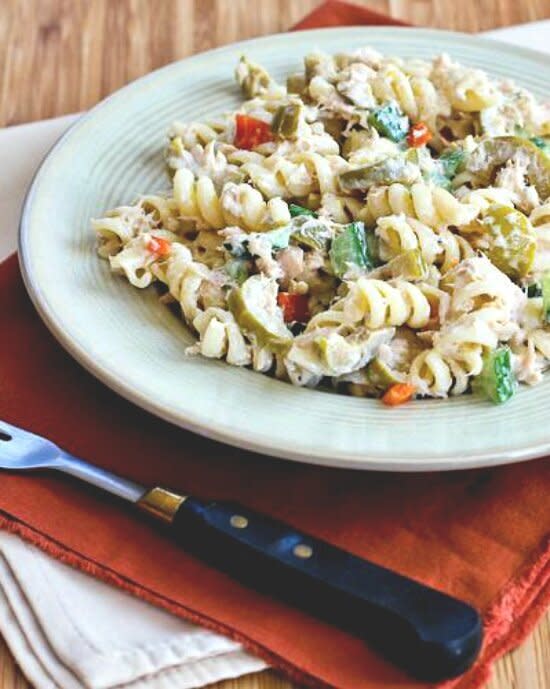 <strong><a href="https://kalynskitchen.com/tuna-pasta-salad-recipe-with-lemon/" target="_blank" rel="noopener noreferrer">Get the Tuna Pasta Salad with Lemon, Green Olives and Cucumbers recipe from Kalyn's Kitchen</a></strong>