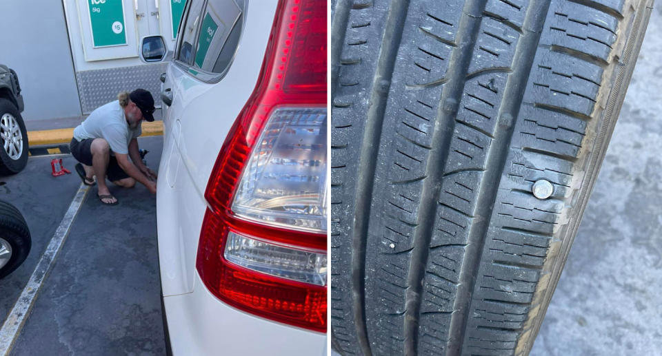 A man changing a tyre on a white car (left) with a close-up of a hole in a wheel causing a flat tyre (right).