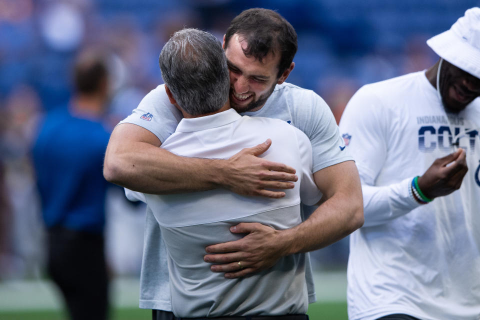 INDIANAPOLIS, IN - AUGUST 24: Chicago Bears defensive coordinator Chuck Pagano talks to Indianapolis Colts quarterback Andrew Luck (12) before the week 3 NFL preseason game between the Chicago Bears and Indianapolis Colts on August 24, 2019 at Lucas Oil Stadium, in Indianapolis, IN. (Photo by Zach Bolinger/Icon Sportswire via Getty Images)