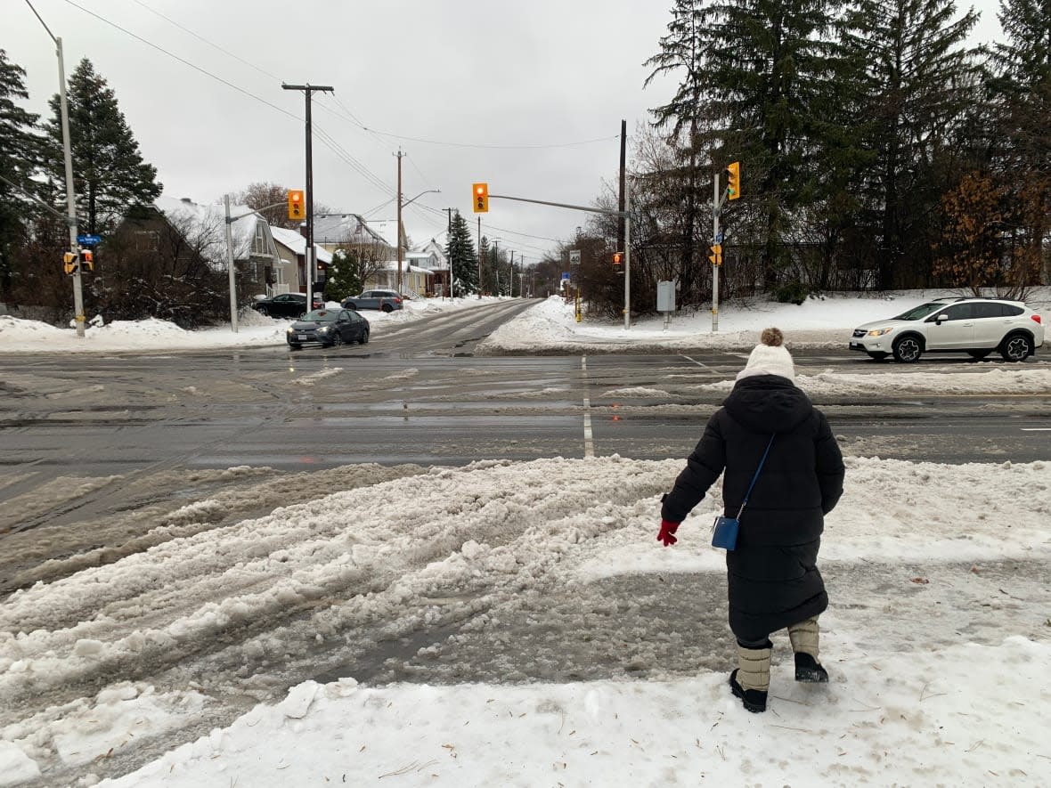 A person walks through slush Dec. 23, 2022, after snow turned into rain during a winter storm. With Ottawa's forecasted highs above zero Sunday and Monday, the start of next week could look something like this. (André Dalencour/Radio-Canada - image credit)