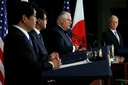 Japan's Defense Minister Itsunori Onodera (L-R), Japan's Foreign Minister Taro Kono, U.S. Secretary of State Rex Tillerson and U.S. Defense Secretary James Mattis hold a news conference after their U.S.-Japan Security talks at the State Department in Washington, U.S., August 17, 2017. REUTERS/Jonathan Ernst