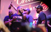 TORONTO, ON- JUNE 13 - Drake celebrates as Toronto fans gather in Jurassic Park to watch the Raptors play the Golden State Warriors in game six and win the NBA Finals at Oracle Arena in Oakland ouside of Scotiabank Arena in Toronto. June 13, 2019. (Steve Russell/Toronto Star via Getty Images)