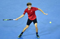 Belgium Tennis - Belgium v Italy - Davis Cup Quarterfinals World Group - Spiroudome, Charleroi, Belgium - 9/4/17. Belgium's David Goffin in action during his singles match against Italy's Paolo Lorenzi. REUTERS/Eric Vidal