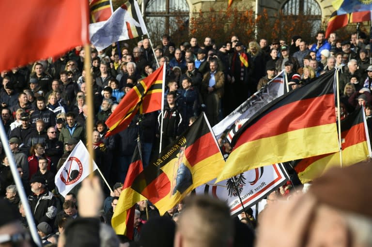 Supporters of the Pegida movement (Patriotic Europeans Against the Islamisation of the Occident) gather in Dresden, eastern Germany, on February 6, 2016