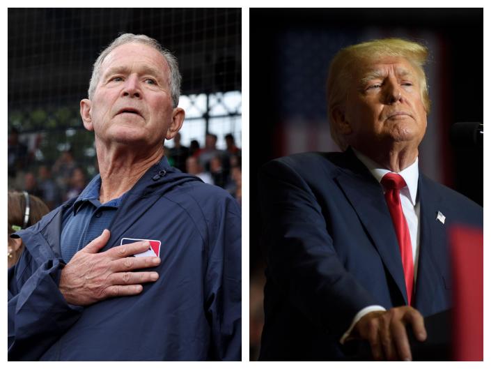 Former US President George W. Bush performs the national anthem before the game between the Boston Red Sox and the Baltimore Orioles at Oriole Park in Camden Yards on Sunday, August 21, 2022 in Baltimore, Maryland;  Former US President Donald Trump speaks during a Save America rally in support of Republican candidates in the September 17, 2022 federal and state elections at Coveley Center in Youngstown, Ohio.