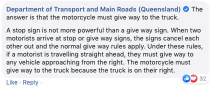 Queensland Department of Transport and Main Roads posted the answer to the quiz on Facebook.