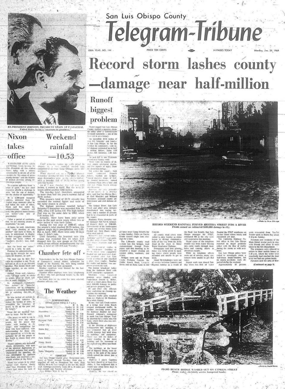 Front page of the San Luis Obispo County Telegram-Tribune as a record rainstorm hit and Richard Nixon was sworn into office.