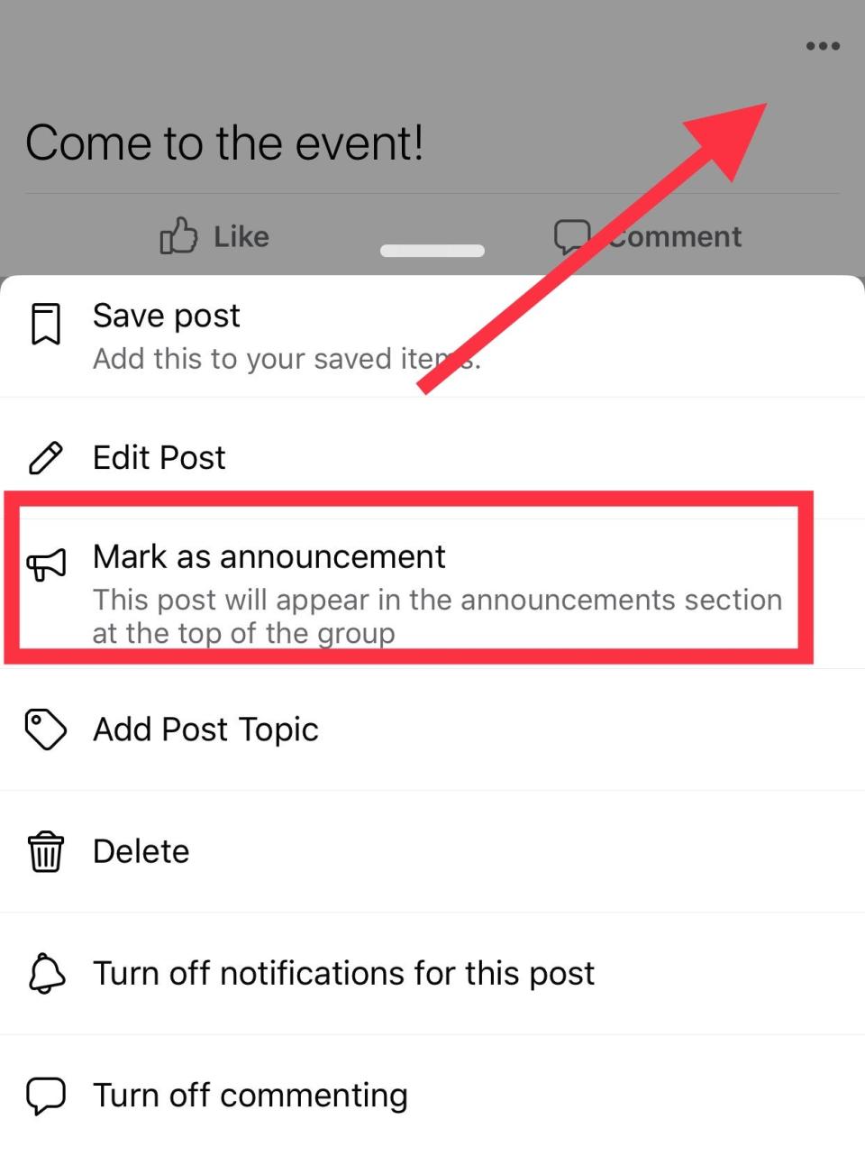 How to pin a post in Facebook group mobile  step 6