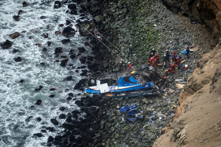 Rescuers, police and firefighters work at the scene after a bus plunged the day before around 100 meters over a cliff when it collided with a truck on a coastal highway near Pasamayo, around 45 km north of Lima, killing 48 people, on January 3, 2018