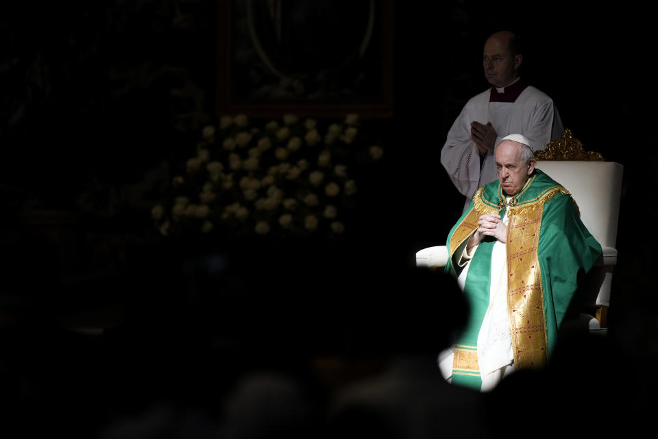 Pope Francis presides over a mass for the Congolese community, in St. Peter's Basilica, at the Vatican, Sunday, July 3, 2022. (AP Photo/Andrew Medichini)