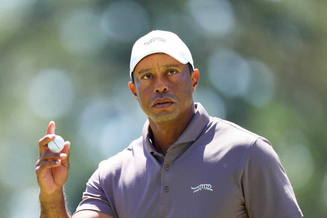 AUGUST, GEORGIA - APRIL 12: Tiger Woods of the United States reacts to the eighth green during the second round of the 2024 Masters at Augusta National Golf Club on April 12, 2024 in Augusta, Georgia.  (Photo by Andrew Reddington/Getty Images)