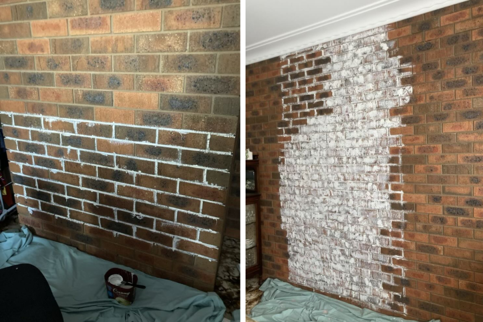 Two photos of dark brick walls with white paint on them