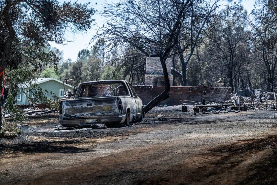 A home on Bessie Lane was among four structures destroyed in the Thompson Fire burning near Lake Oroville in Butte County Wednesday, July 3, 2024, that has injured four firefighters amid hot, dry, and windy conditions. The fast-moving wildfire prompted evacuations for 13,000 residents.