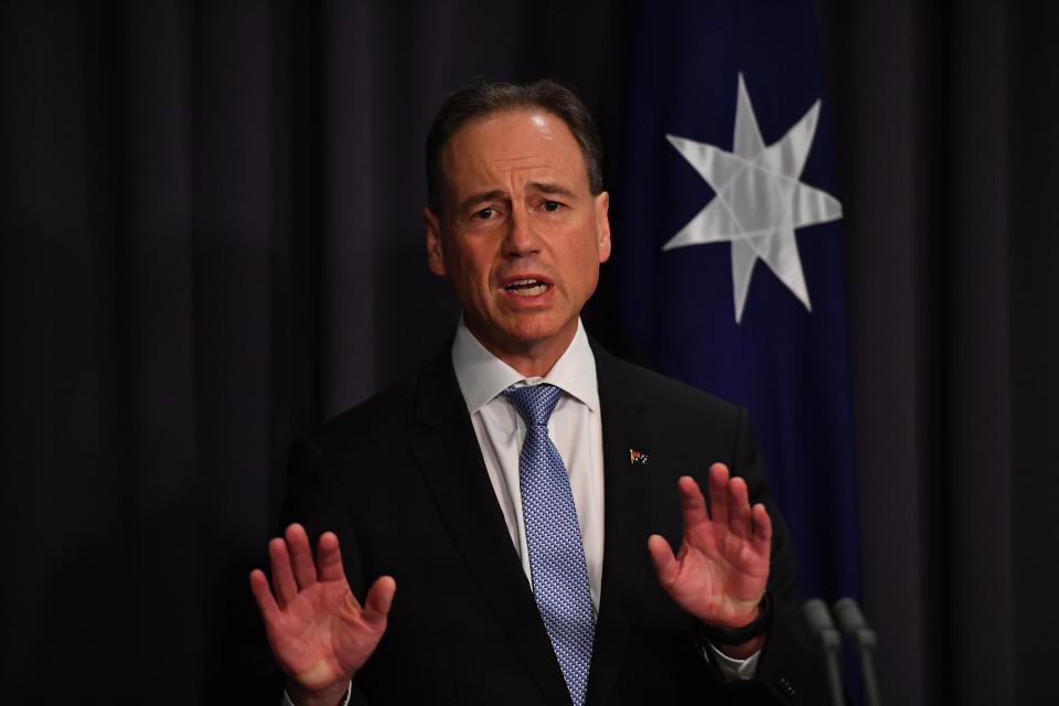 CANBERRA, AUSTRALIA - MAY 13: Minister for Health Greg Hunt delivers a COVID-19 update in the Blue Room at Parliament House on May 13, 2021 in Canberra, Australia.