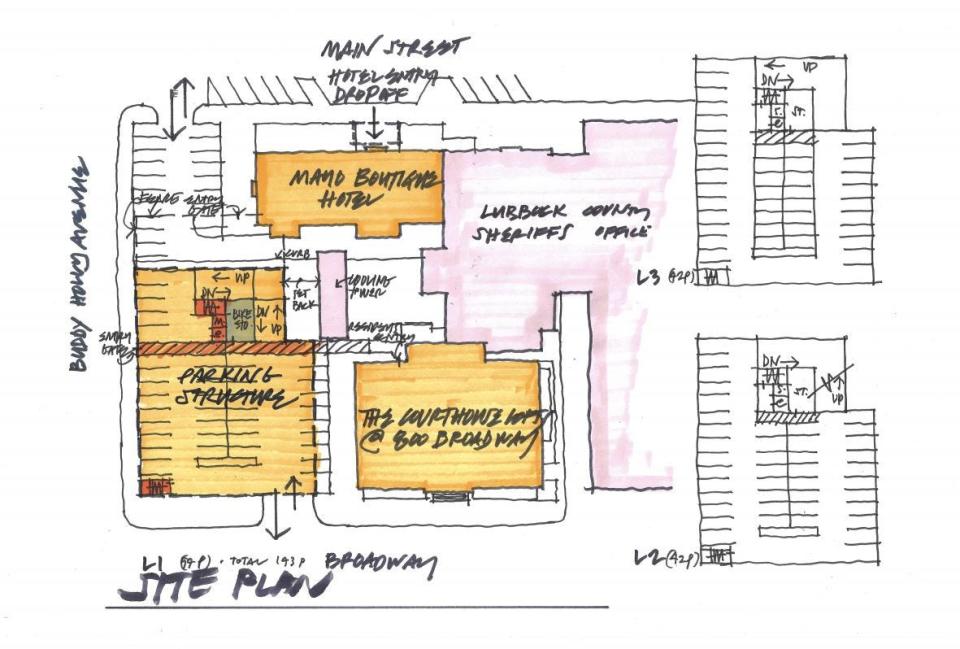 A site plan concept shows how the former Lubbock jail will become the Mayo LBK Hotel. The owner and the city have worked out a partnership so the owner could add a 3-story parking structure.