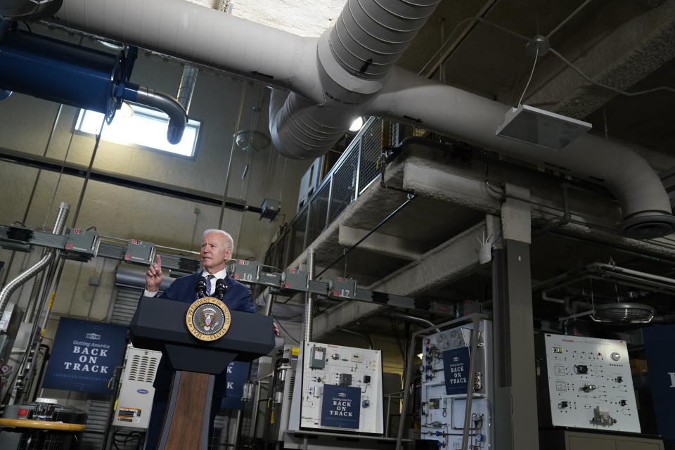 President Joe Biden speaks at Tidewater Community College, Monday, May 3, 2021, in Portsmouth, Va. Biden and the first lady are in coastal Virginia to promote his plans to increase spending on education and children, part of his $1.8 trillion families proposal announced last week. (AP Photo/Evan Vucci)