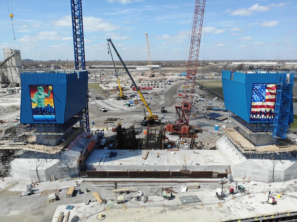 This view from April 27, 2021, shows the progress of the United States side of the Gordie Howe International Bridge. Smarter technologies are anticipated for the Gordie Howe International Bridge project, which is expected to be running by the end of 2024.