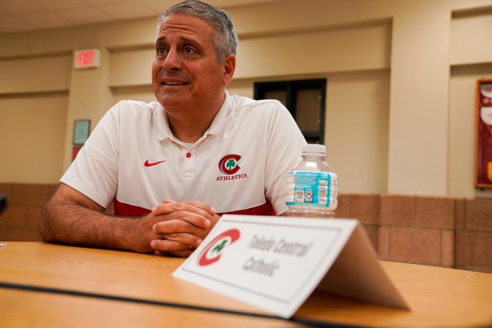 Toledo Central Catholic coach Greg Dempsey speaks with media during the Catholic High School League media day at University of Detroit Jesuit High School and Academy in Detroit on Thursday, July 27, 2023.