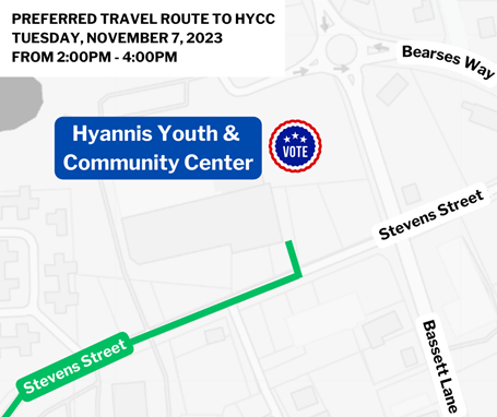 This map depicts the preferred travel route to the the Hyannis Youth and Community Center for afternoon voting, 2-4 p.m., for Precincts 8,9, and 13.